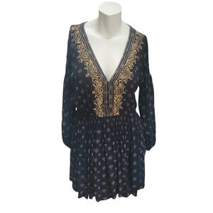 Volcom Black Embroidered V Neck Long Sleeve Mini Dress Large